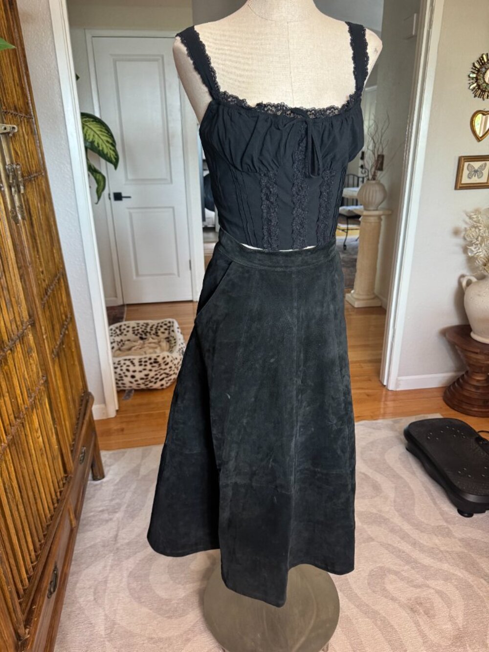 Vintage authentic suede leather midi skirt